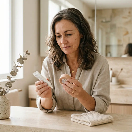 Woman in her early fifties at her bathroom counter, holding a small tube of silicone scar gel in one hand and a roll of scar tape in the other, comparing them in soft natural light.