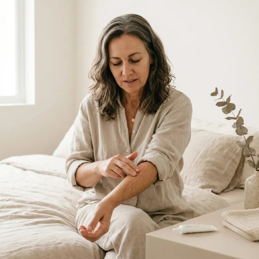 Woman in her early fifties seated at a softly lit bedroom dresser, gently massaging a scar on her abdomen with two fingers, eyes closed in concentration, in a calm warm-toned setting.