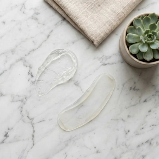 Silicone scar gel and silicone sheet side by side on marble surface, comparing two scar treatment formats