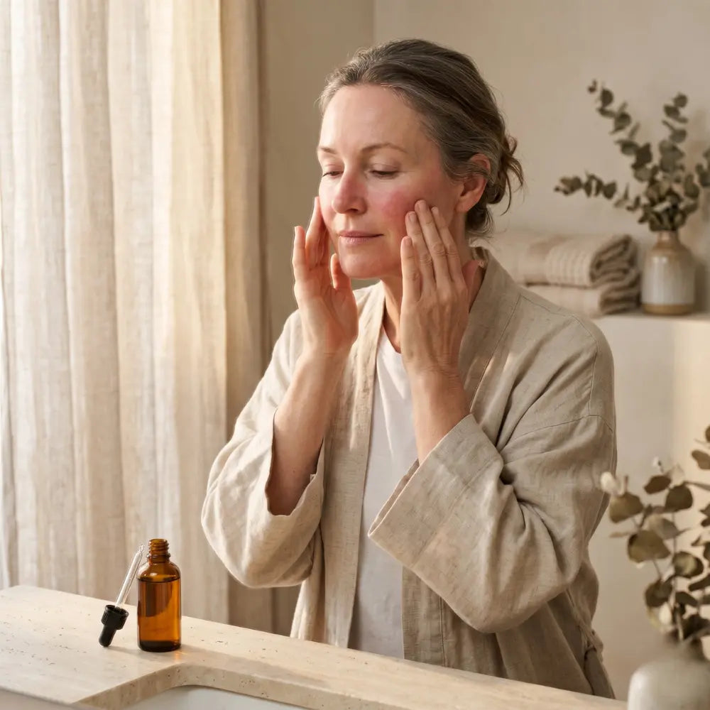 Australian woman in her early 50s gently patting a calming serum into her cheeks with both hands, eyes softly closed, in soft natural morning light