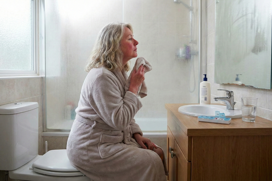 A woman looking at her skin barrier