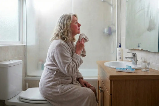 A woman looking at her skin barrier