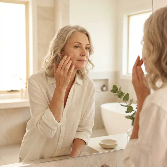 Australian woman in her 50s gently checking a small dressing on her cheek in soft natural light at a bathroom mirror