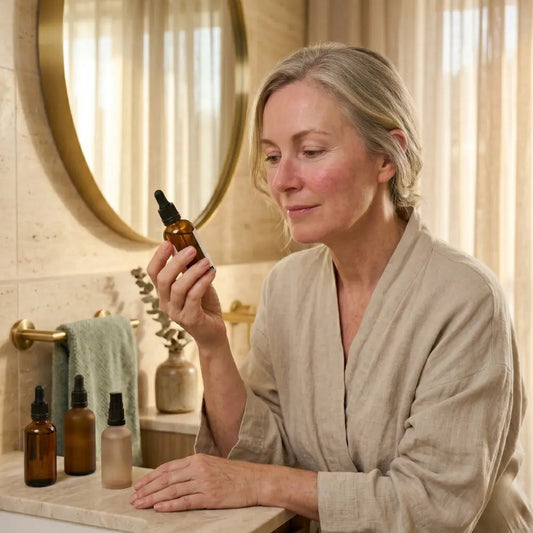 Australian woman in her 50s reading the label of an amber dropper serum at a warm bathroom vanity beside three other bottles, considering a skin cycling routine for menopausal skin