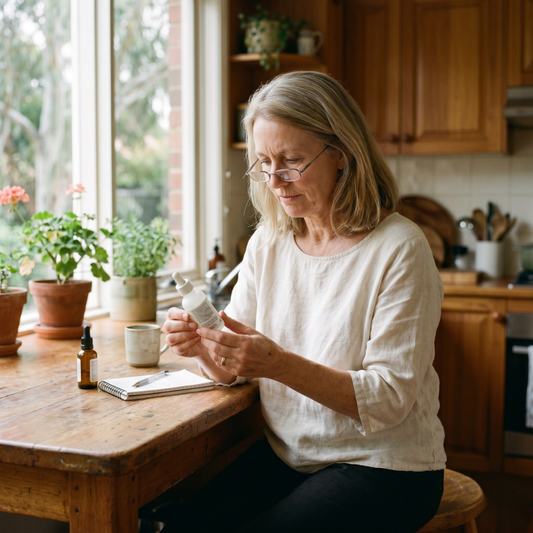 Australian woman in her 50s reading skincare ingredient list at home, soft kitchen daylight