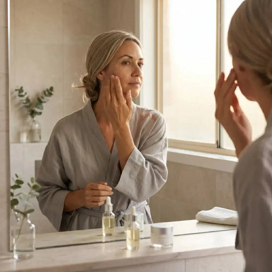 Australian woman in her 50s layering skincare serums on her cheek at a bathroom vanity in soft morning light