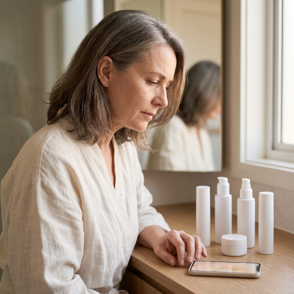 Australian woman over 45 weighing skincare and clinic care options