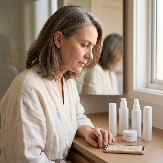 Australian woman over 45 weighing skincare and clinic care options