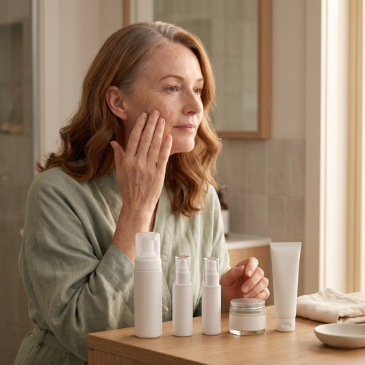 Australian woman over 50 layering daily skincare between menopausal clinic visits