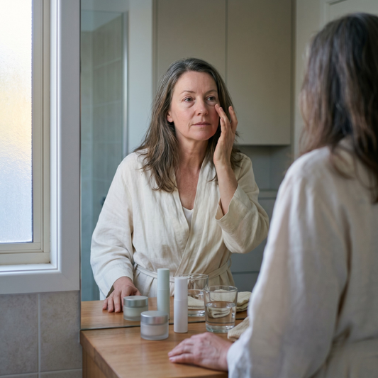 Australian woman over 45 checking under-eye puffiness after a sleep broken night