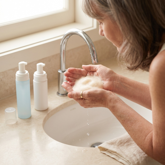 Mature woman's hands cup foaming lather above a basin with two bottles, comparing Cetaphil and foaming cleanser for menopausal skin.