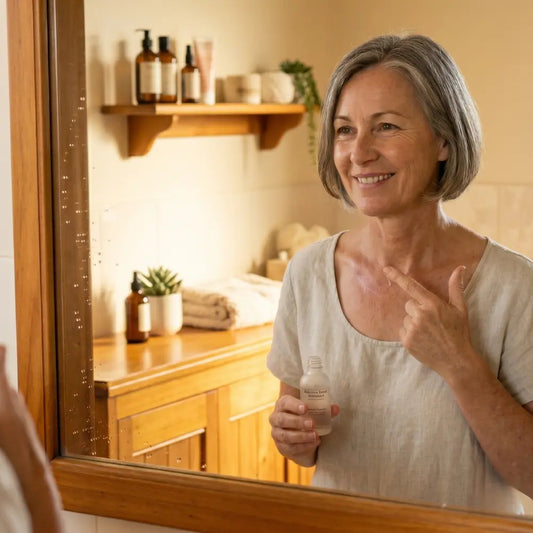 Australian woman in her early fifties at a sunlit bathroom mirror, gently dabbing a small amount of essence onto a faded scar on her collarbone, calm warm-toned setting.