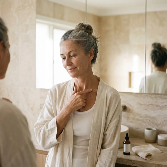 Australian woman in her early fifties seated in a calm kitchen reviewing her surgeon's discharge sheet with a tube of scar gel beside her morning tea.