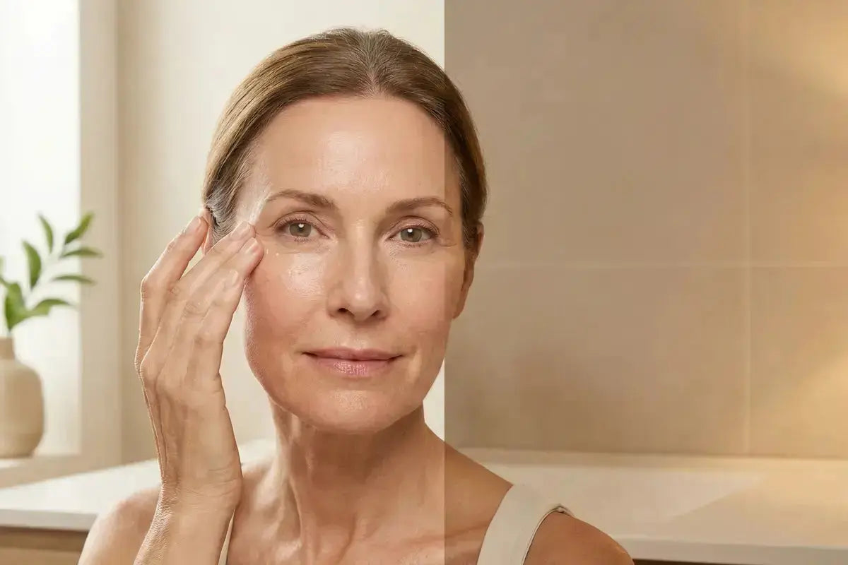 Woman applying eye serum as part of menopause eye skincare routine, gentle application technique to help support delicate under-eye skin during hormonal skin changes