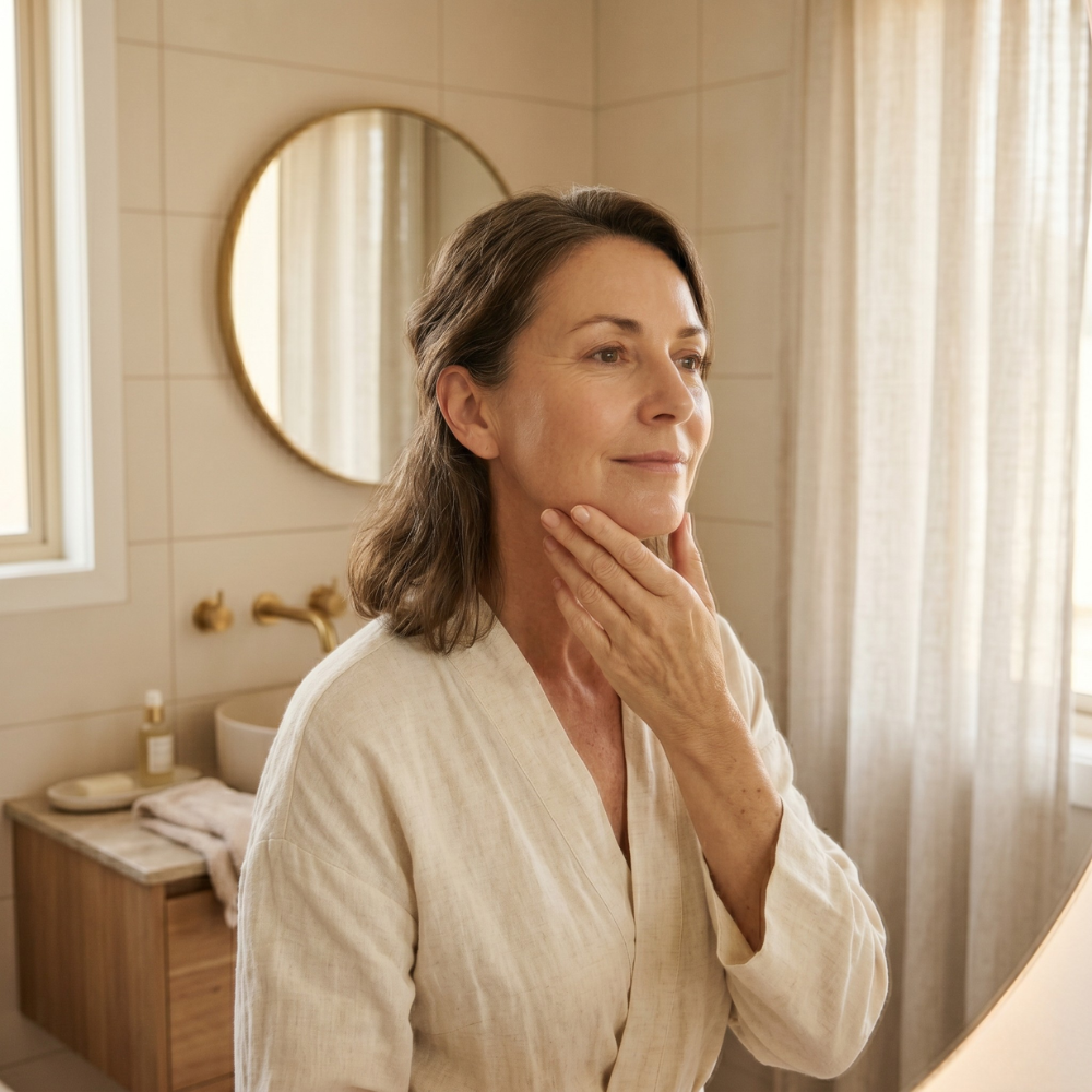 Australian woman in her 50s in a warm cream-toned bathroom with brass fixtures and linen curtain, fingertips under her chin, exploring what skincare may help lost jawline definition after menopause