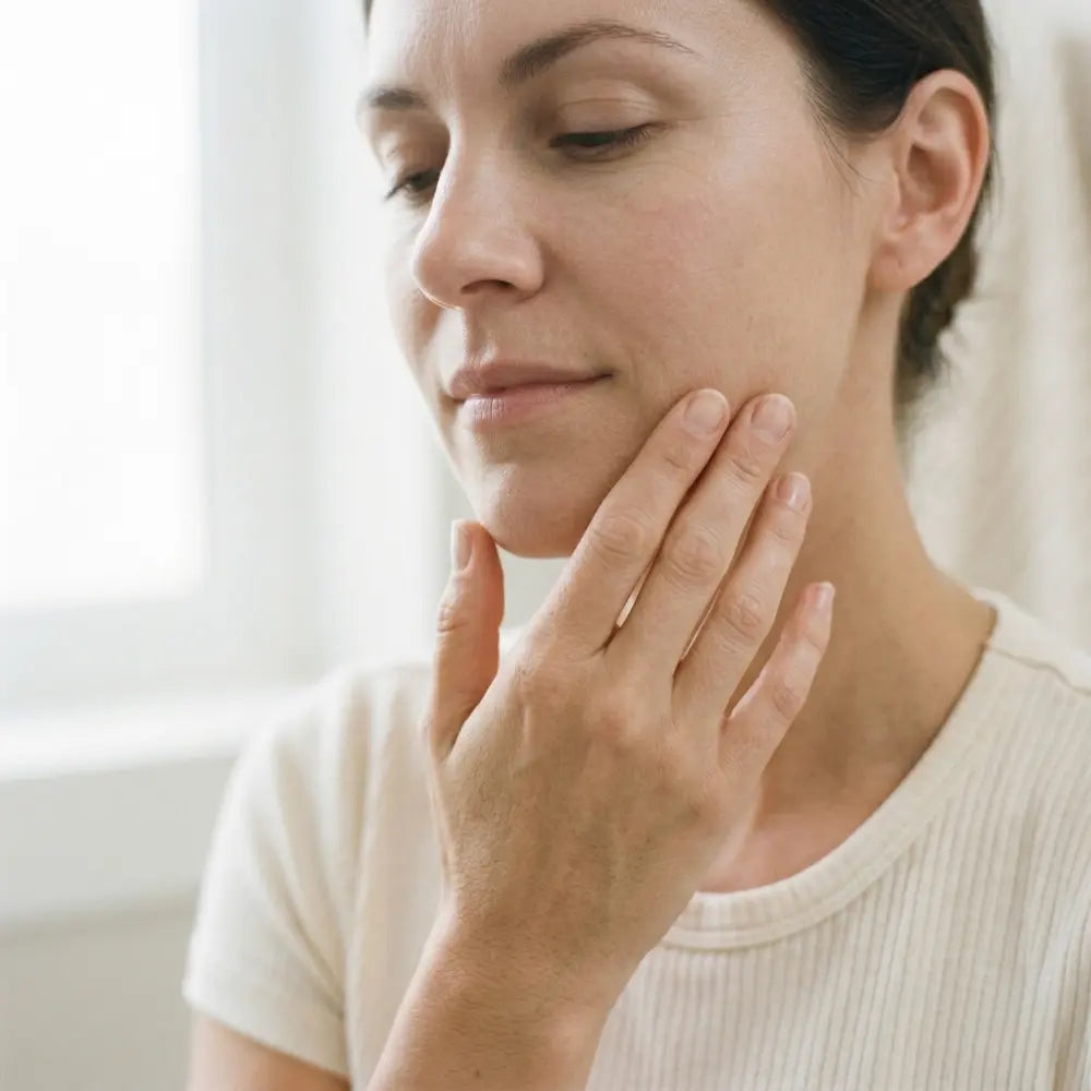 Woman gently touching her jawline, smooth skin in soft natural light