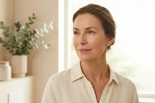 Woman with visible under-eye changes including dark circles and fine lines, common signs of collagen loss and thinning skin during menopause and perimenopause