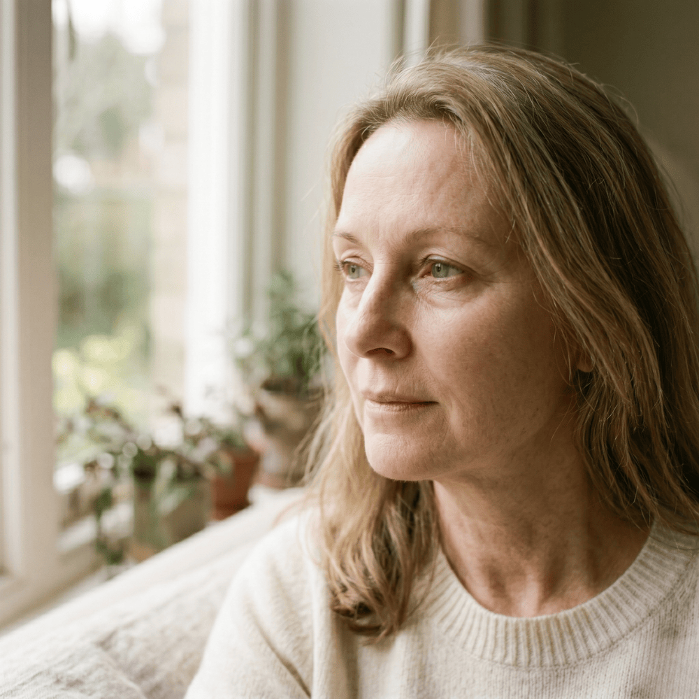 Woman over 45 examining the changes around her eyes in natural light, covering hooding, crepey skin, bags, dark circles and fine lines in menopause