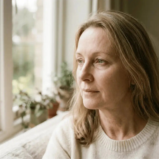 Close-up of a woman's eye area showing subtle under-eye shadows with soft natural lighting