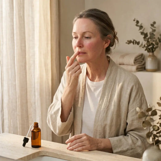 Australian woman in her early 50s gently applying a peptide serum to the area above her upper lip with one fingertip in soft natural morning light