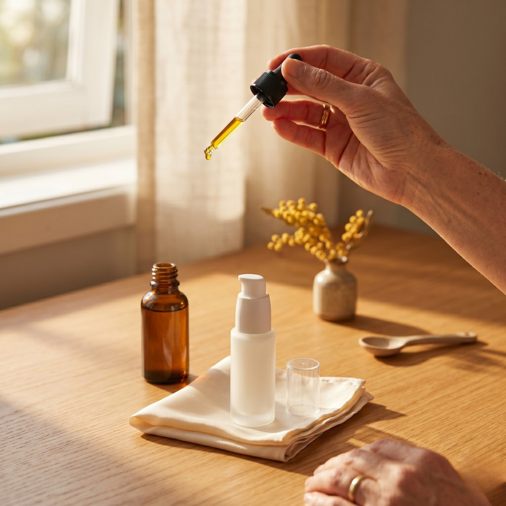 Mature woman raises an amber vitamin C dropper to morning window light at a timber dressing table