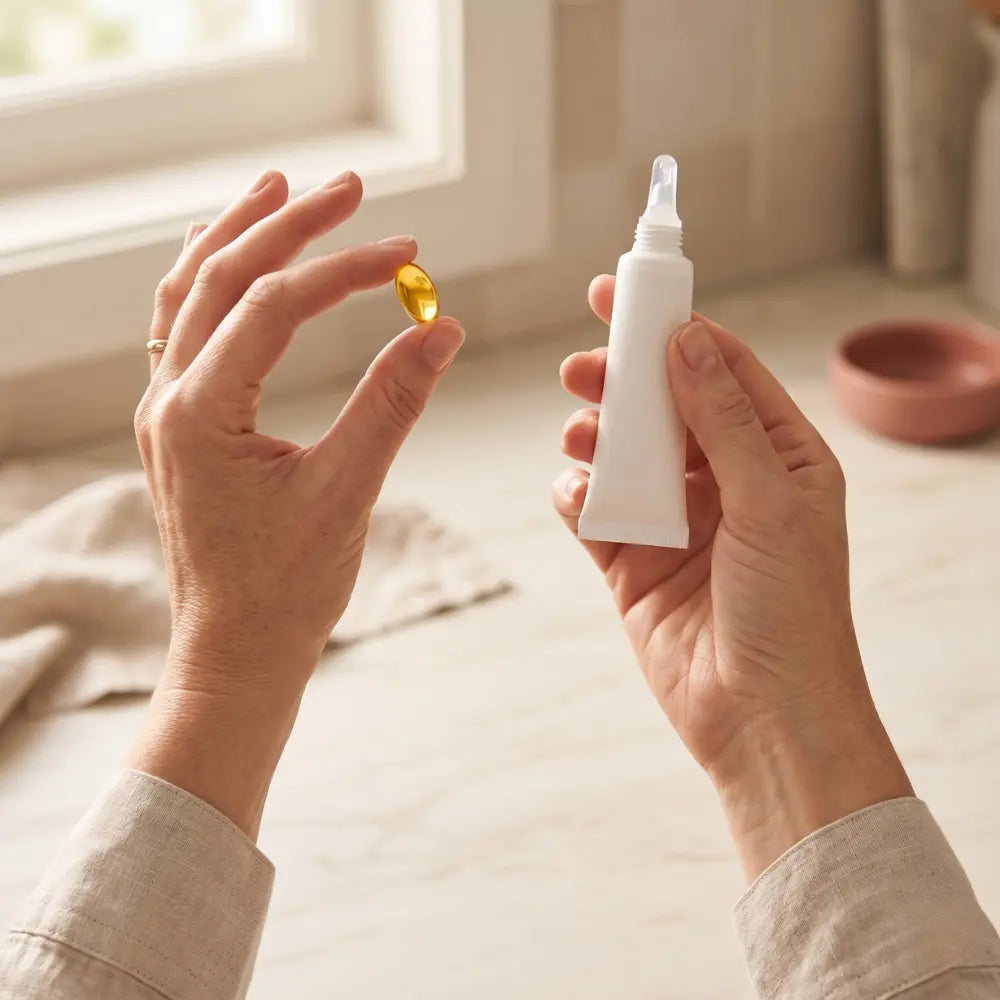 Woman in her early fifties at a kitchen bench, comparing a vitamin E capsule in one hand and a tube of silicone scar gel in the other, soft natural light.