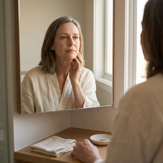 Australian woman over 45 assessing menopausal skin in bathroom mirror