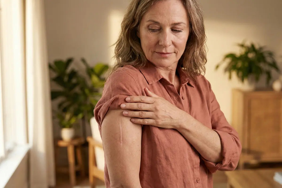 A menopausal woman with a scar on her arm