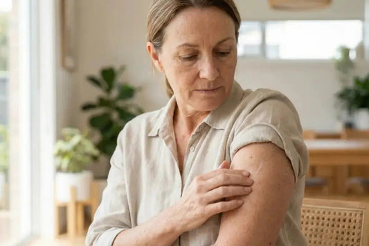 Woman over 45 touching an old scar on her upper arm that has become itchy years after healing