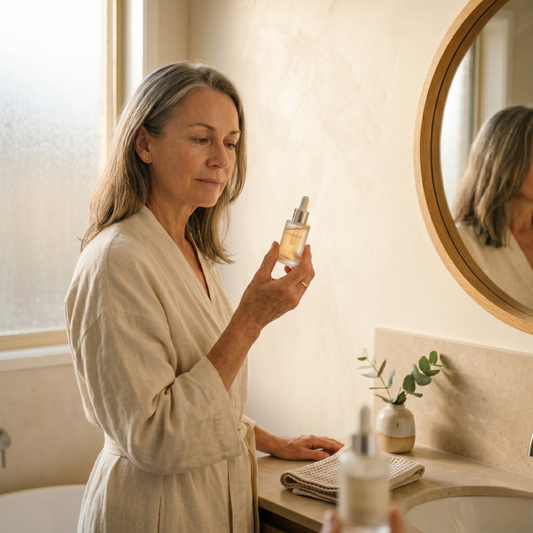 Australian woman in her 50s examining skincare bottle bathroom skeptical