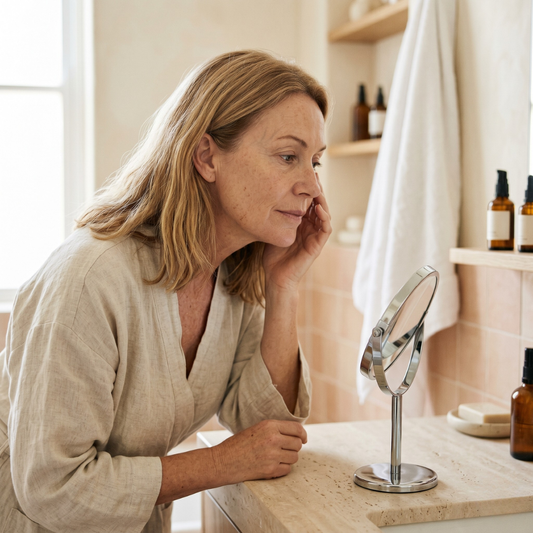 Australian woman in her early 50s leaning toward a small magnifying mirror at a stone bathroom vanity, calmly examining her cheek as she explores why pores look bigger after menopause.