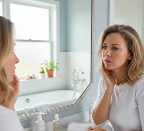 A woman with dull skin looking in a mirror
