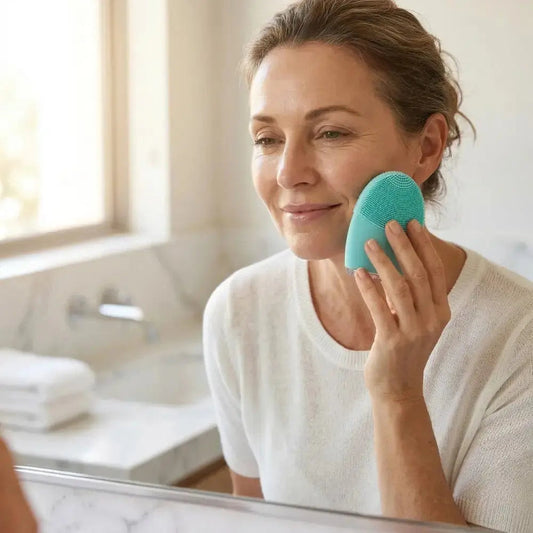 Woman over 45 using a compact silicone facial cleanser on her cheek as the second step of an evening double cleansing routine for menopausal skin