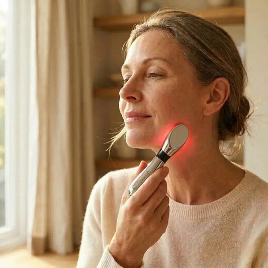 Woman in her 50s using a handheld ion applicator with red LED along the jawline, comparing at-home skincare device technologies for menopausal skin
