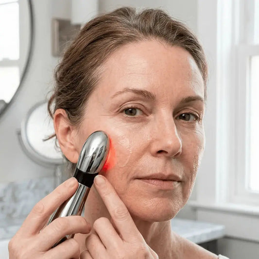 Australian woman in her 50s gliding a small handheld ion applicator across her cheek after applying serum, soft morning light