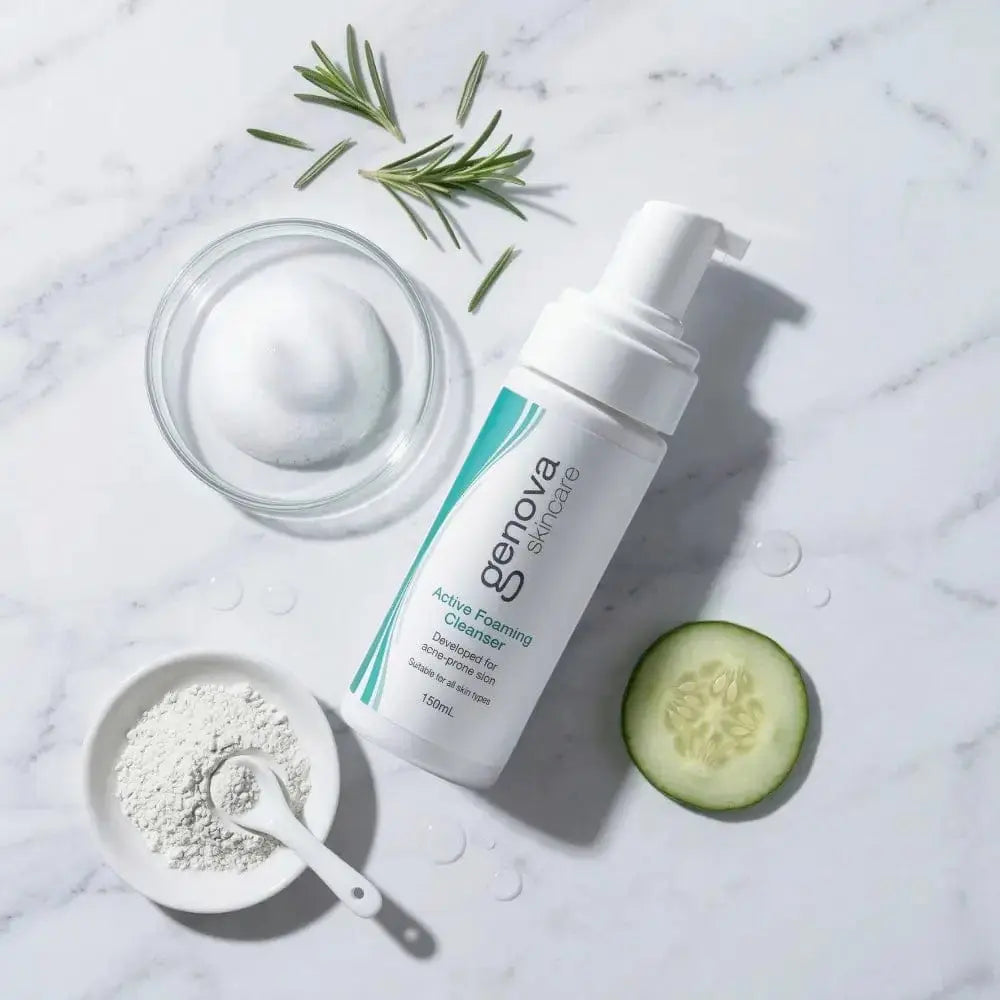 Genova Active Foaming Cleanser flat lay with rosemary, cucumber and kaolin, a salicylic acid cleanser used alongside retinol after 45