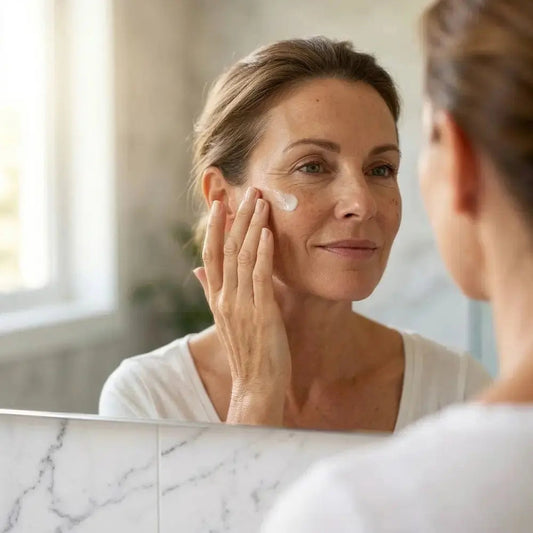 Woman in her 50s checking her face in a mirror for uneven skin tone and age spots, the two-minute daylight test for menopausal pigmentation
