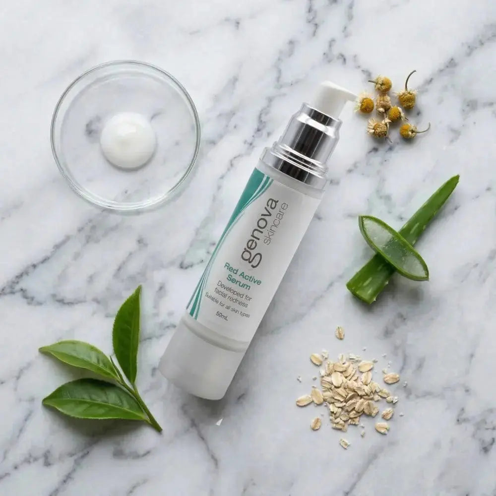 Genova Red Active Serum flat lay with aloe, chamomile and oats, a serum for the redness around broken capillaries on the face after 50