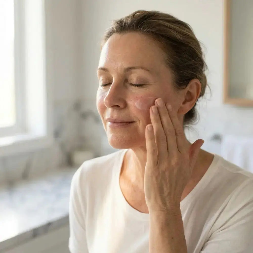 Woman in her 50s applying a redness serum to a red cheek, rosacea cream over the counter in Australia for women over 45