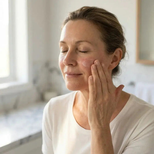 Woman in her 50s applying a redness serum to a red cheek, rosacea cream over the counter in Australia for women over 45