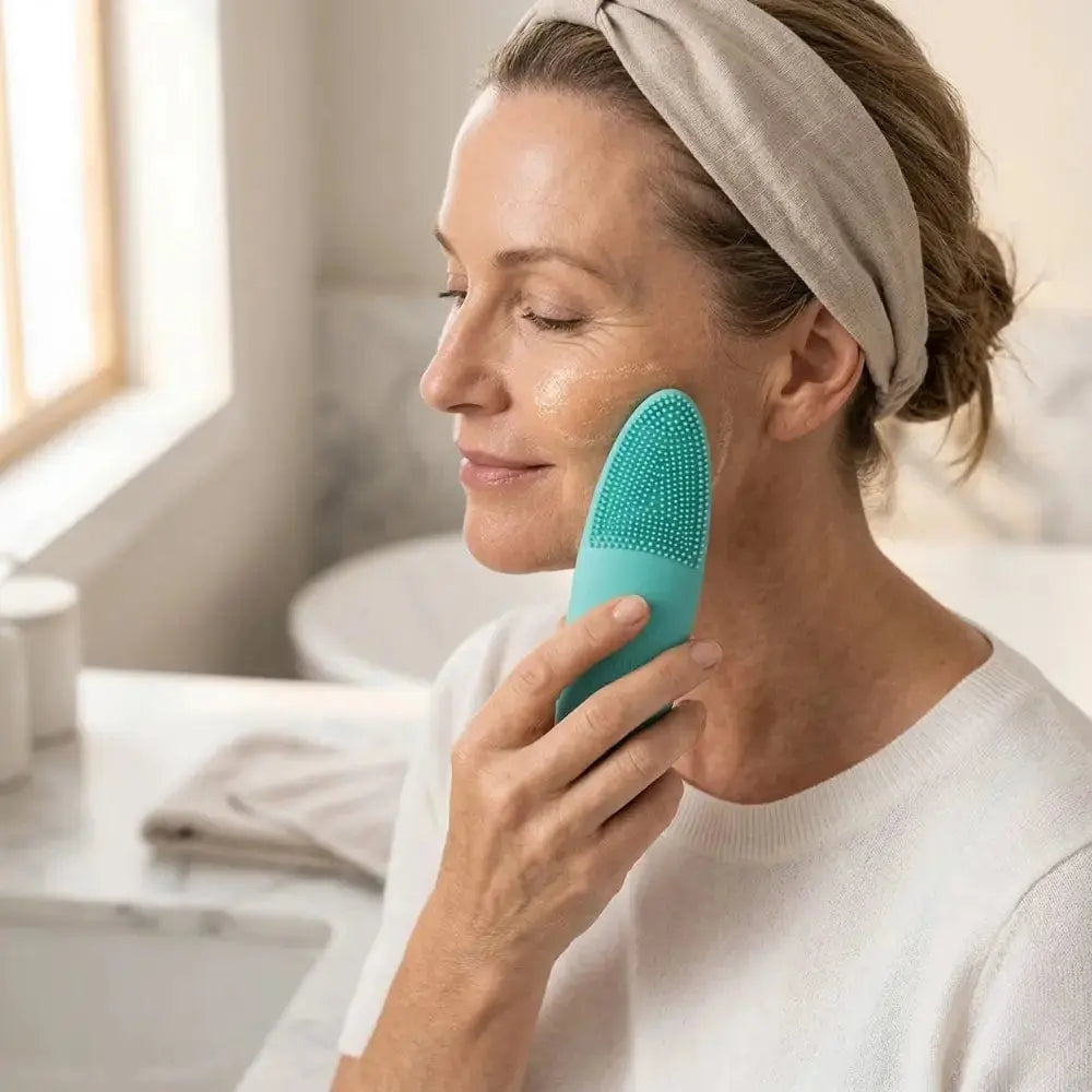 Mature woman washing her face with lukewarm water and a heated T-zone silicone cleanser, a temperature aware cleansing routine for menopausal combination skin
