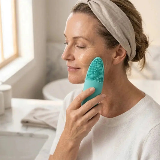 Mature woman washing her face with lukewarm water and a heated T-zone silicone cleanser, a temperature aware cleansing routine for menopausal combination skin