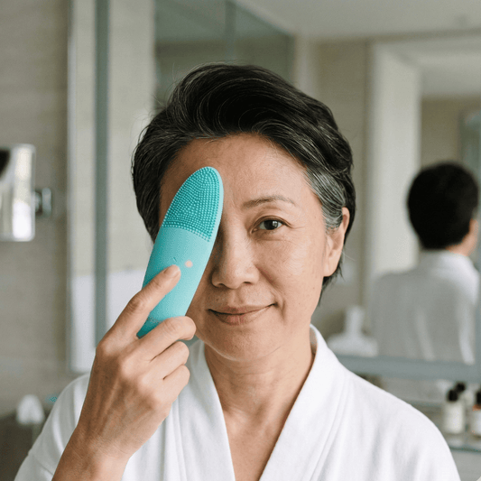 Mature woman cleansing her forehead to manage an oily T-zone in perimenopause