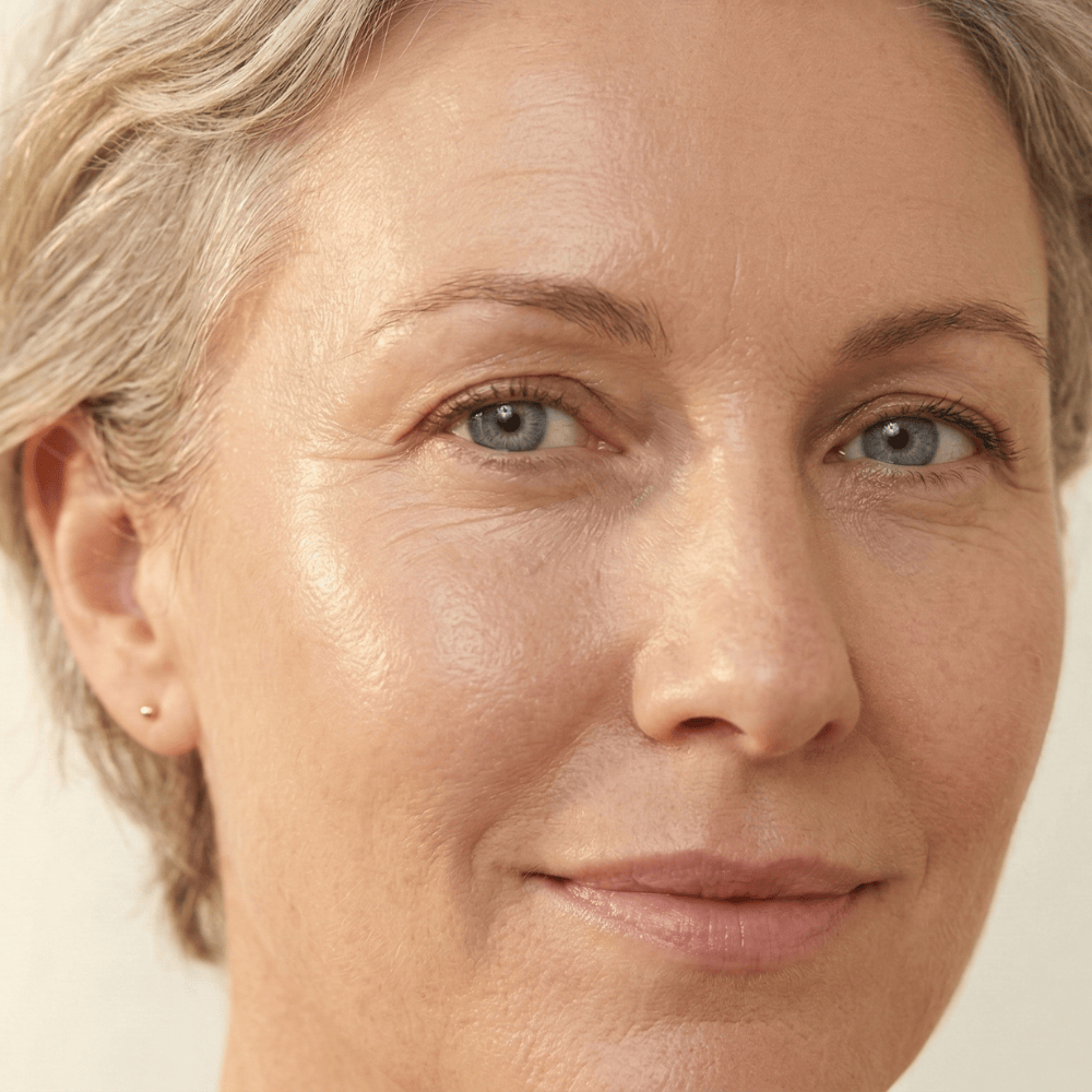 Mature woman's face showing smile lines, crow's feet and early forehead wrinkles, natural signs of hormonal skin ageing that peptide serums may help soften