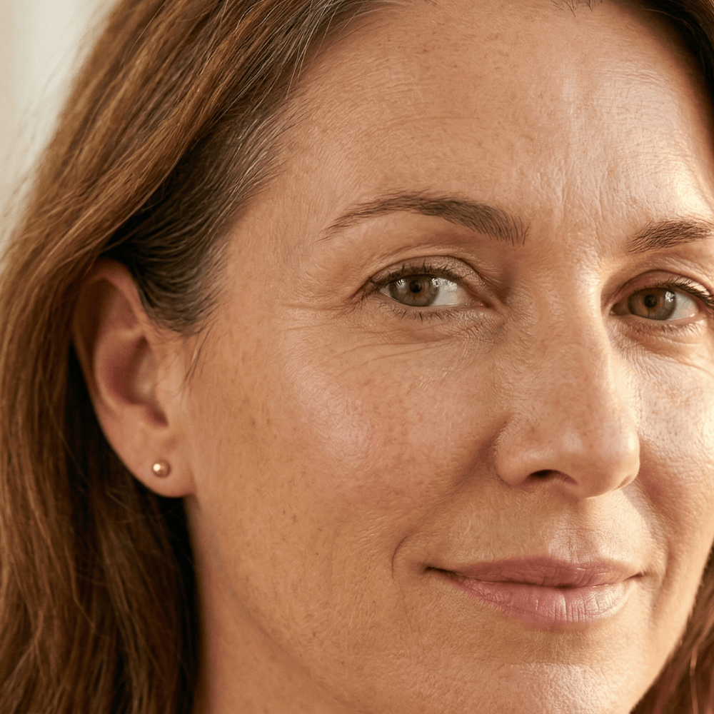 Woman in her late 40s with visible fine lines around the eyes and mouth, early perimenopause skin changes where consistent skincare can help