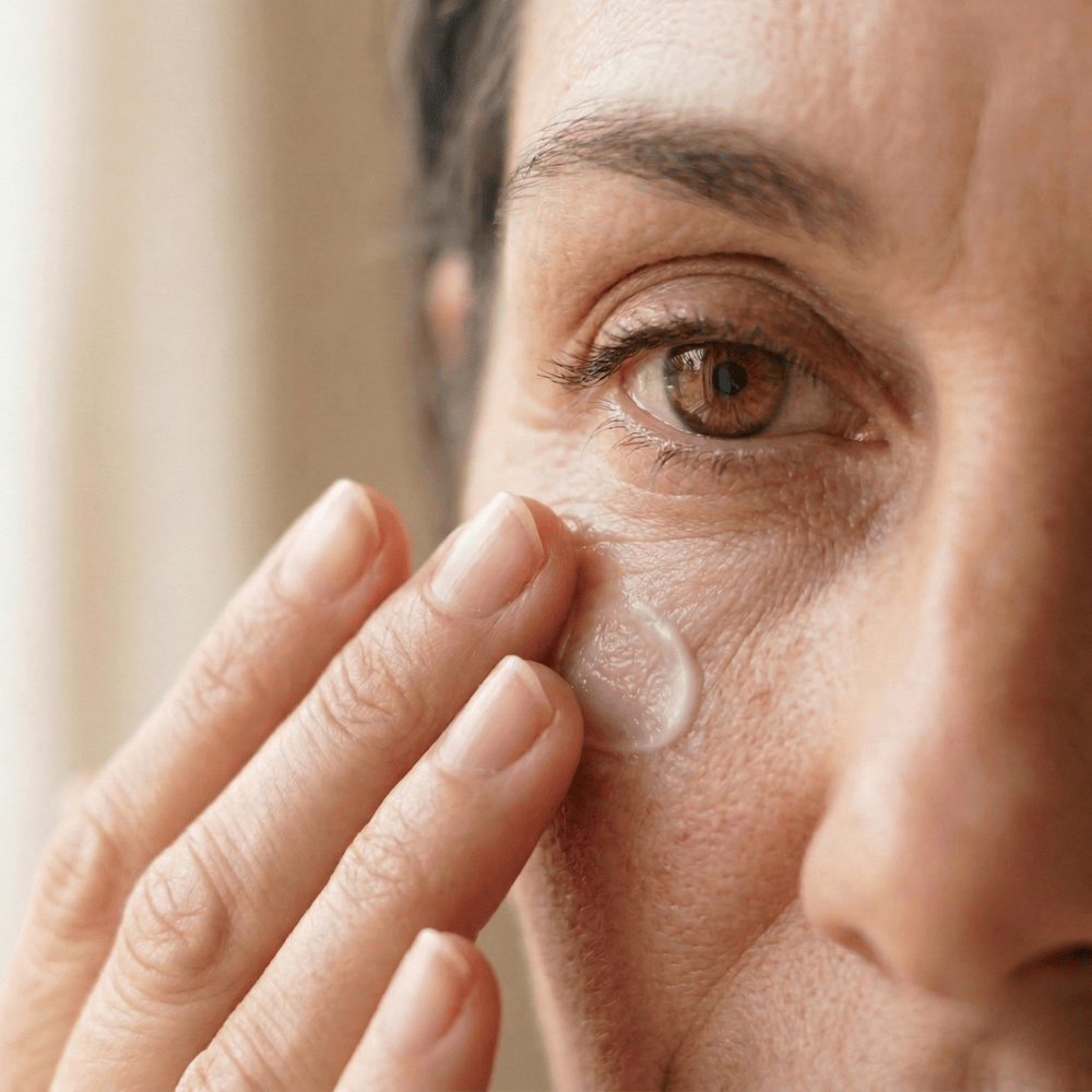 Close-up of gently patting eye serum under the eye on mature skin, correct application technique for the delicate under-eye area during menopause