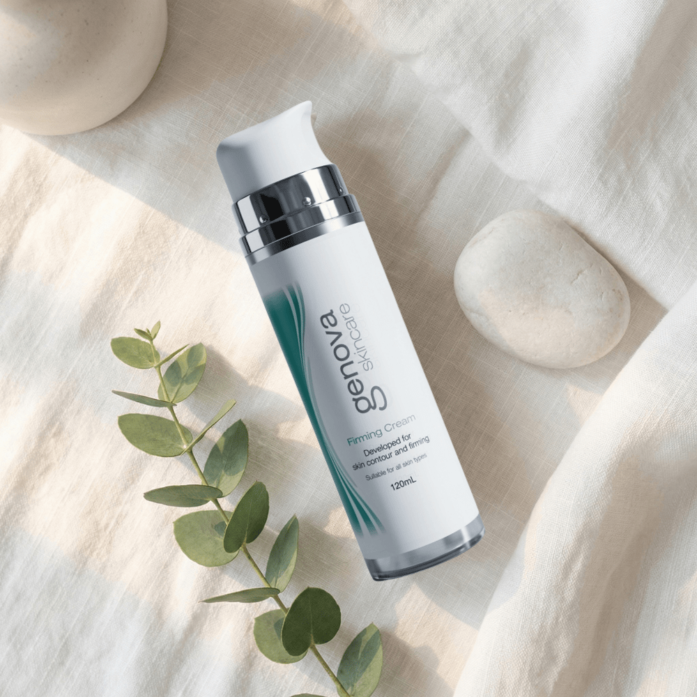 Genova Firming Cream 120ml flat lay on linen with eucalyptus and natural stone, Australian-made firming moisturiser for menopausal skin