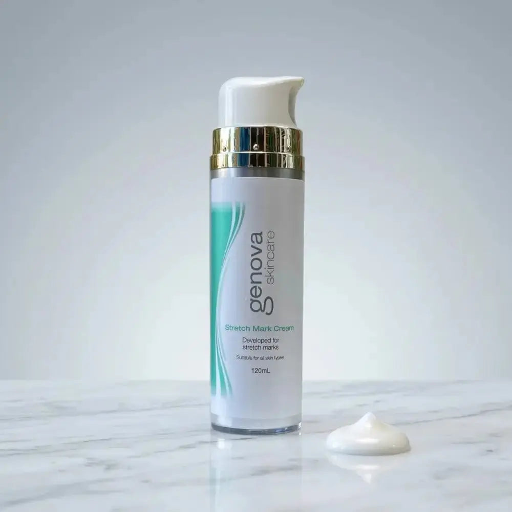 Genova Stretch Mark Cream 120ml pump bottle on marble surface with cream texture swatch, Australian stretch mark cream for pregnancy and postpartum skin