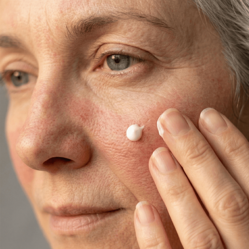 Close-up of applying serum to a redness-affected cheek, showing gentle application of soothing skincare on mature sensitive skin with visible flushing