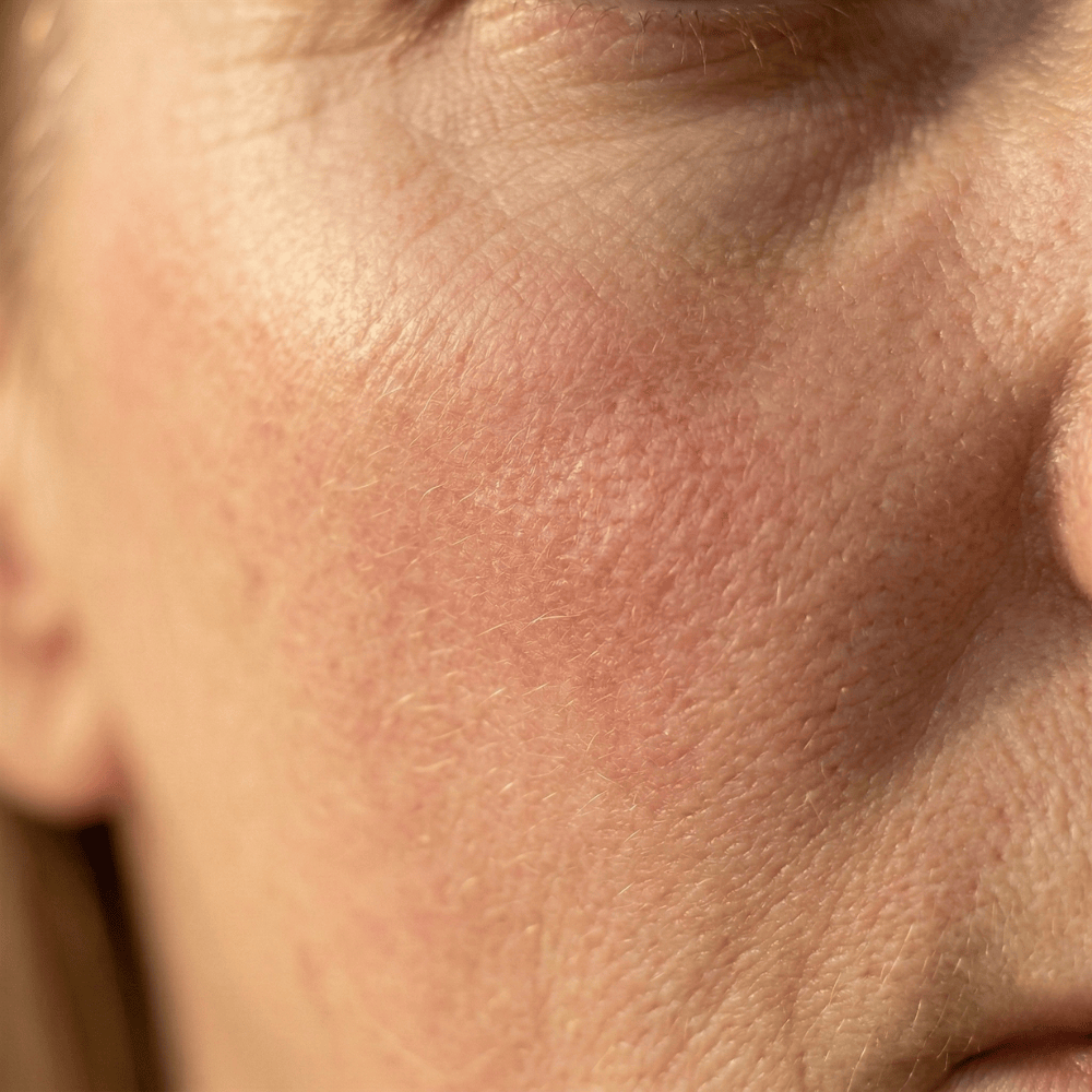 Close-up of facial redness and flushing on the cheek, a common sensitive skin concern that may respond to targeted skincare for redness-prone skin